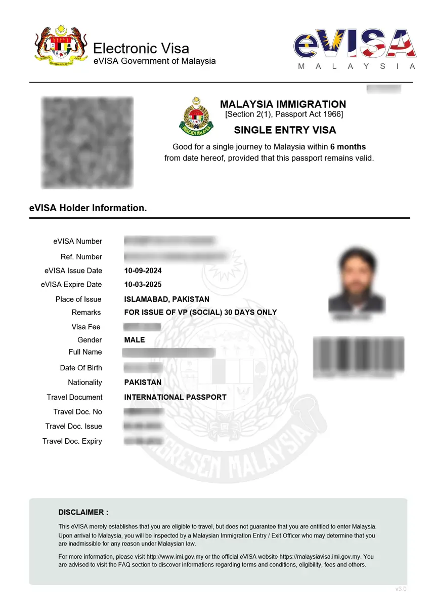 Sample Malaysia eVisa, a different document from the MDAC